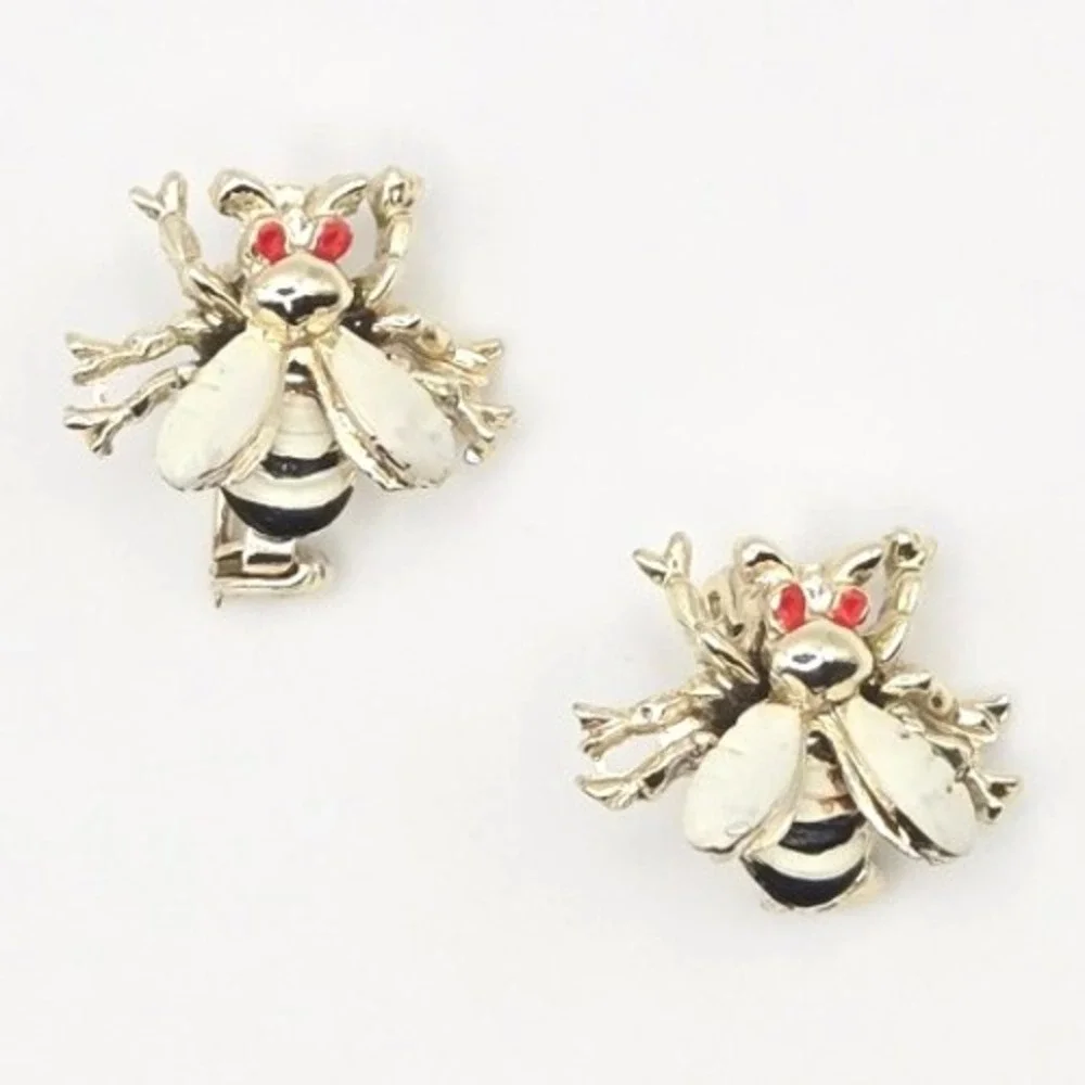 Charming Vintage Bee Enameled Pins Set of 2 Small Brooches Red Eyes‎ Gold Tone